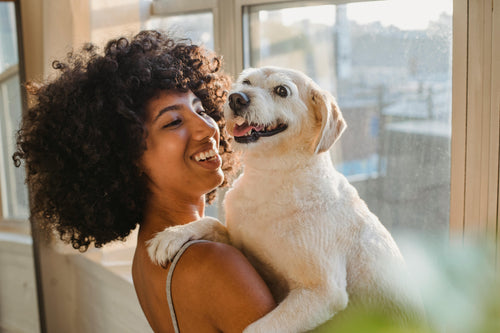 Still & Chill Chews — woman holding happy white puppy